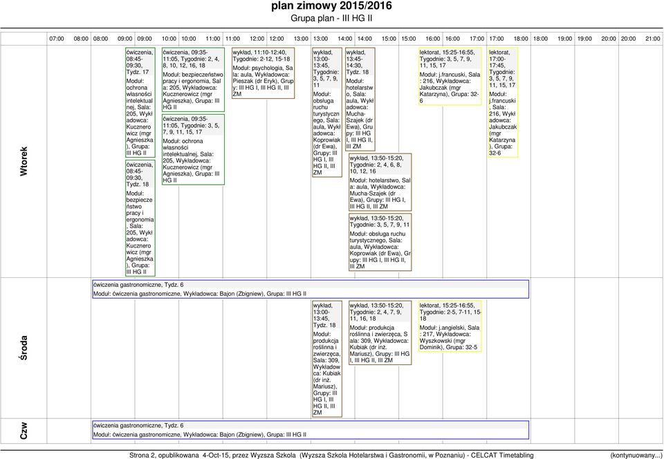 Sal a: 20, Wykł Kucznerowicz III 09:3-11:0, 3,, 7, 9, 11, własności intelektualnej 20, Wykł Kucznerowicz III 11:10-12:40, 2-12, 1- psycologia, Sa la: aula, Wykł Pieszak (dr Eryk), Grup y: III HG I,