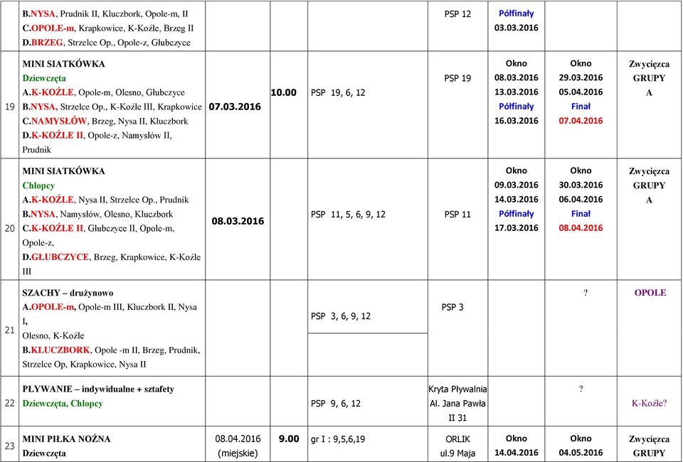K-KOŹLE II, Opole-z, Namysłów II, Prudnik MINI SITKÓWK.K-KOŹLE, Nysa II, Strzelce Op., Prudnik 09.03.2016 14.03.2016 30.03.2016 06.04.2016 20 B.NYS, Namysłów, Olesno, Kluczbork C.