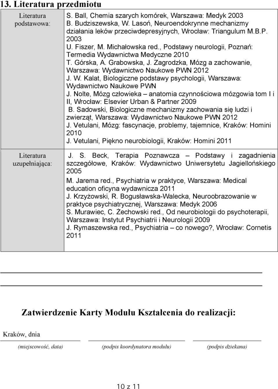 , Podstawy neurologii, Poznań: Termedia Wydawnictwa Medyczne 2010 T. Górska, A. Grabowska, J. Zagrodzka, Mózg a zachowanie, Warszawa: Wydawnictwo Naukowe PWN 2012 J. W. Kalat, Biologiczne podstawy psychologii, Warszawa: Wydawnictwo Naukowe PWN J.