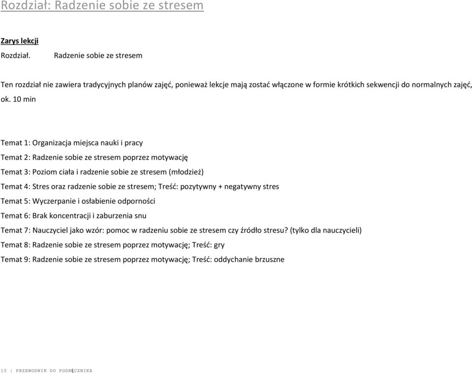10 min Temat 1: Organizacja miejsca nauki i pracy Temat 2: Radzenie sobie ze stresem poprzez motywację Temat 3: Poziom ciała i radzenie sobie ze stresem (młodzież) Temat 4: Stres oraz radzenie sobie