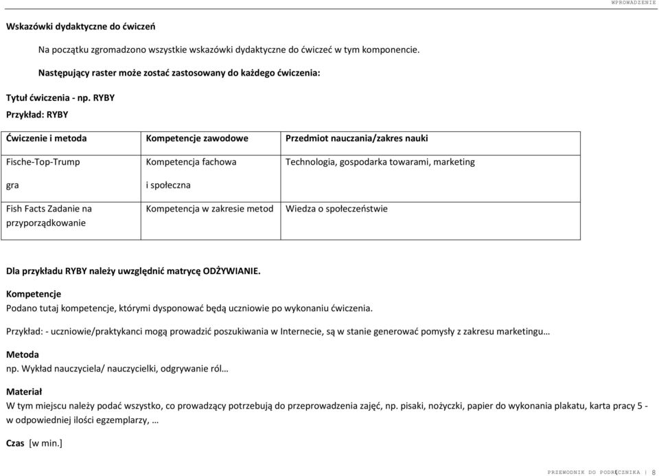 RYBY Przykład: RYBY Ćwiczenie i metoda Kompetencje zawodowe Przedmiot nauczania/zakres nauki Fische-Top-Trump gra Kompetencja fachowa i społeczna Technologia, gospodarka towarami, marketing Fish