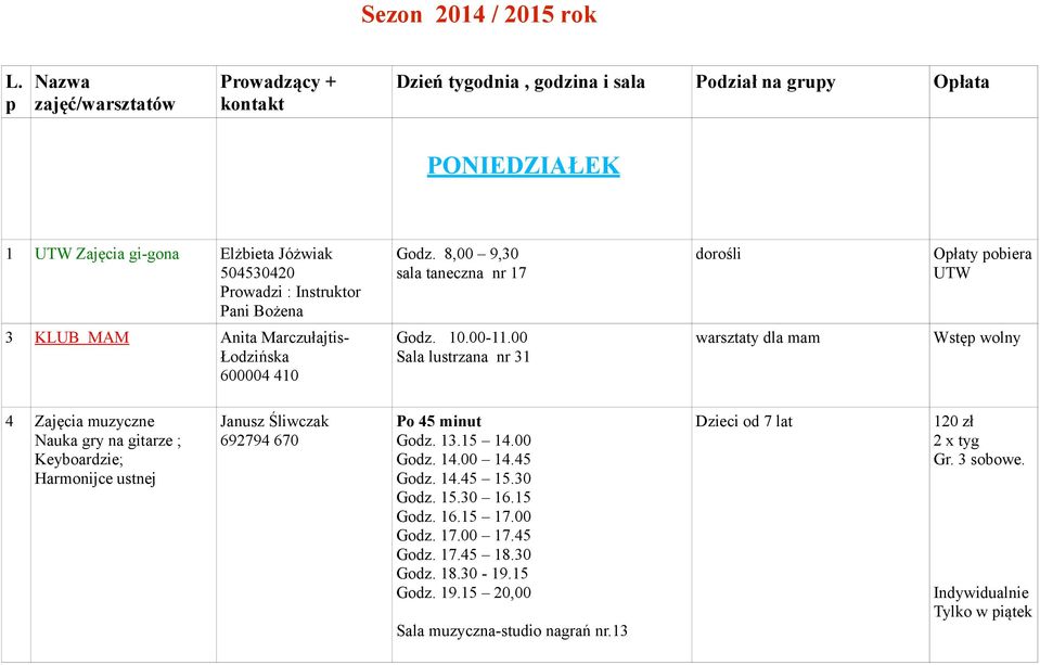 Godz. 8,00 9,30 sala taneczna nr 17 dorośli Opłaty pobiera UTW 3 KLUB MAM Anita Marczułajtis- Łodzińska 600004 410 Godz. 10.00-11.