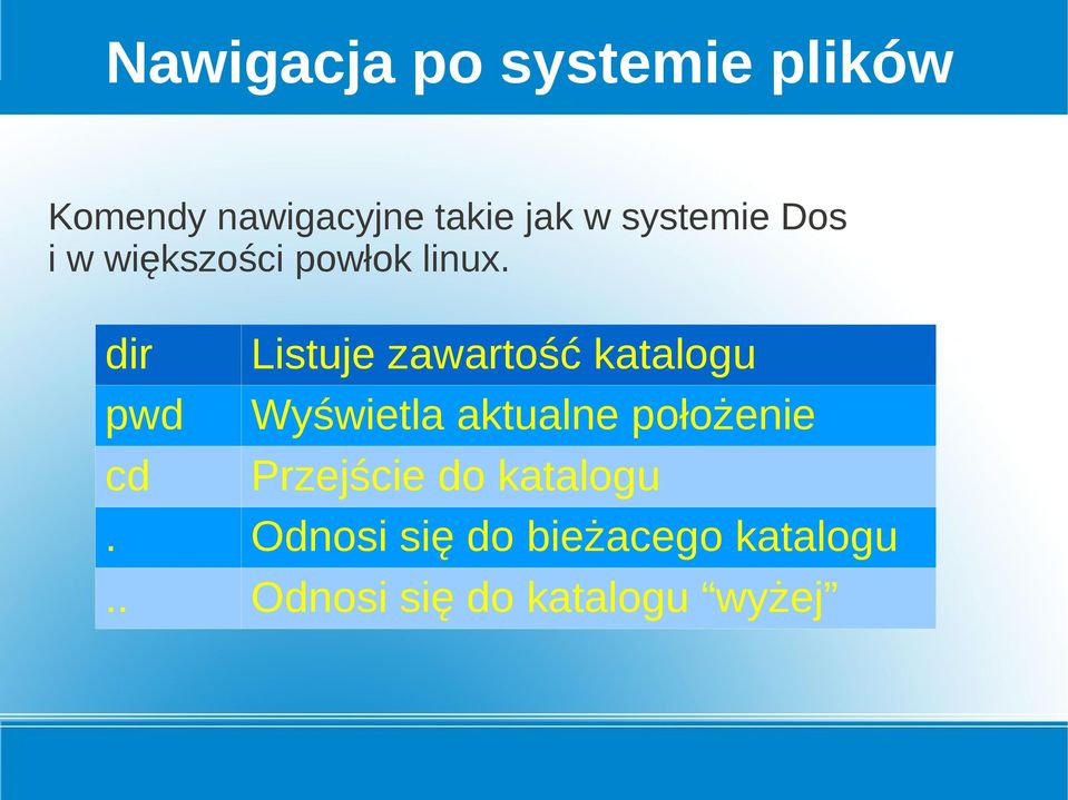 dir pwd Listuje zawartość katalogu Wyświetla aktualne położenie