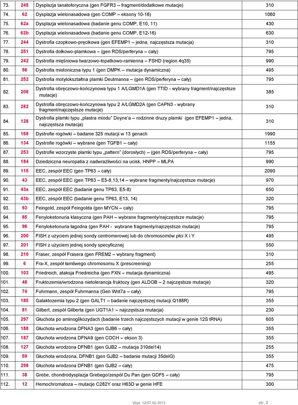 244 Dystrofia czopkowo-pręcikowa (gen EFEMP1 jedna, najczęstsza mutacja) 310 78. 251 Dystrofia dołkowo-plamkowa (gen RDS/perferyna cały) 795 79.