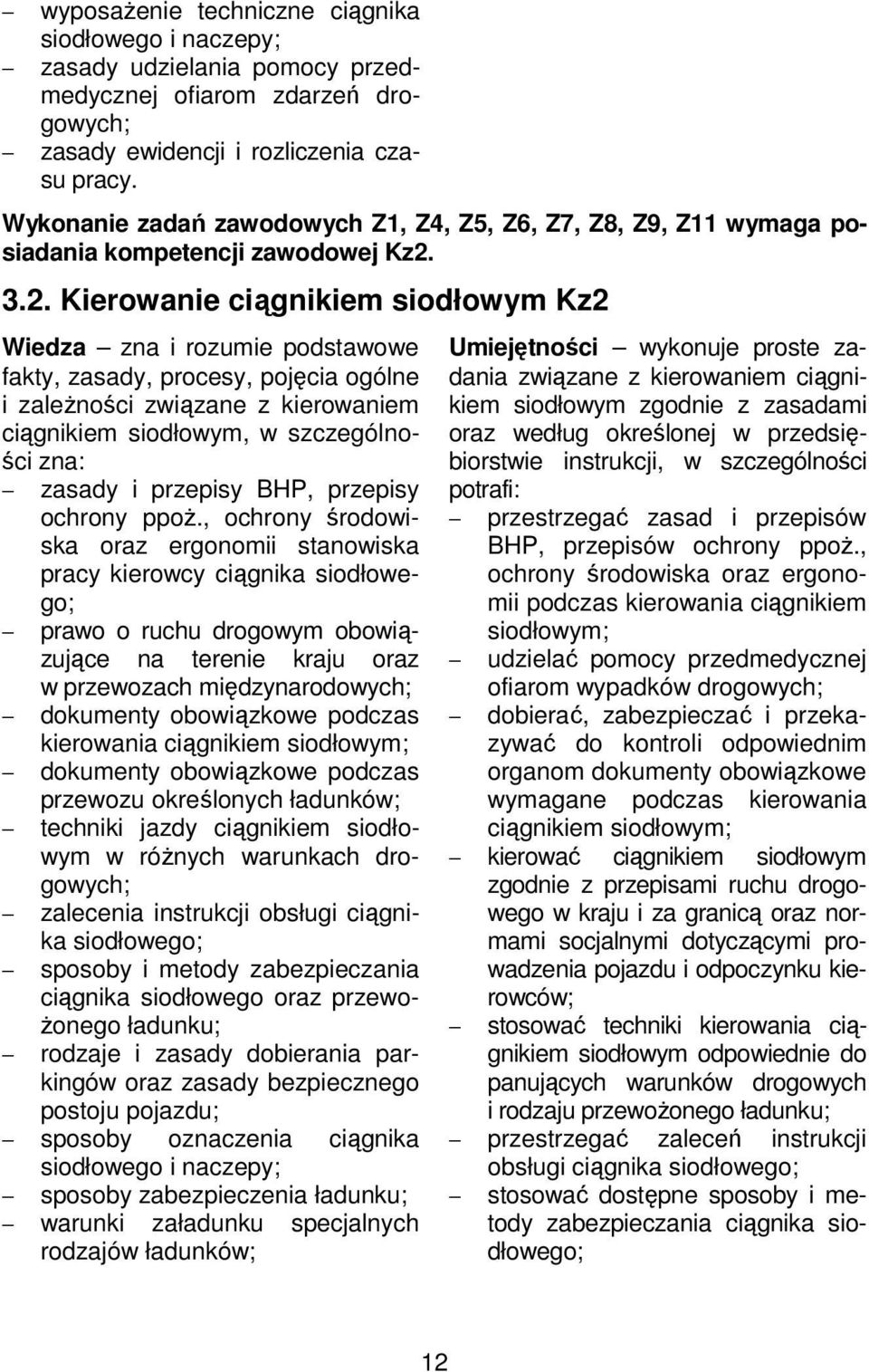 3.2. Kierowanie ciągnikiem siodłowym Kz2 Wiedza zna i rozumie podstawowe fakty, zasady, procesy, pojęcia ogólne i zależności związane z kierowaniem ciągnikiem siodłowym, w szczególności zna: zasady i