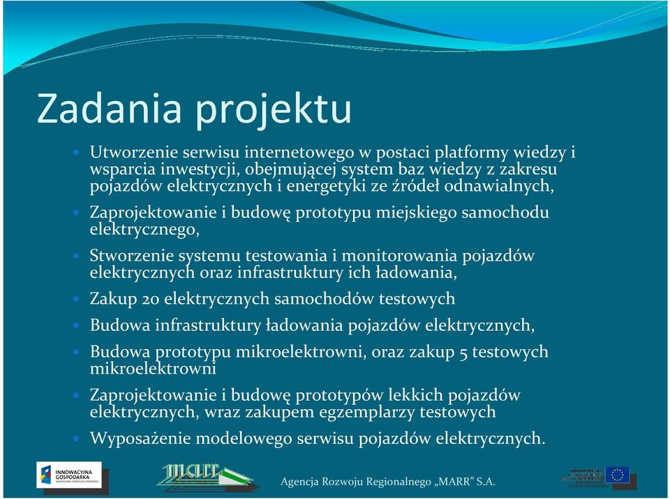 infrastruktury ich ładowania, Zakup 20 elektrycznych samochodów testowych Budowa infrastruktury ładowania pojazdów elektrycznych, Budowa prototypu mikroelektrowni, oraz zakup 5