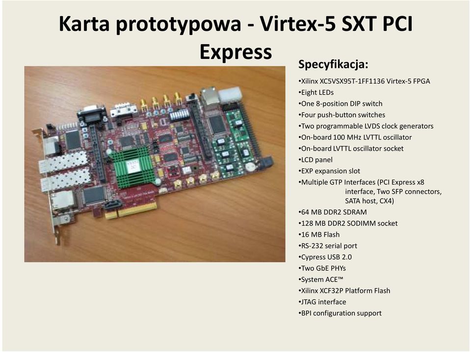 expansion slot Multiple GTP Interfaces (PCI Express x8 interface, Two SFP connectors, SATA host, CX4) 64 MB DDR2 SDRAM 128 MB DDR2 SODIMM