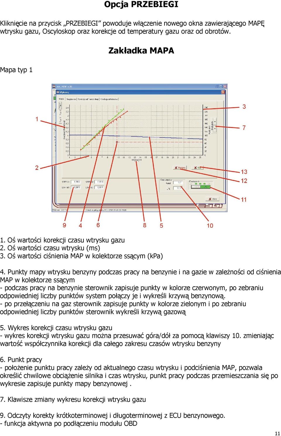 Punkty mapy wtrysku benzyny podczas pracy na benzynie i na gazie w zaleŝności od ciśnienia MAP w kolektorze ssącym - podczas pracy na benzynie sterownik zapisuje punkty w kolorze czerwonym, po