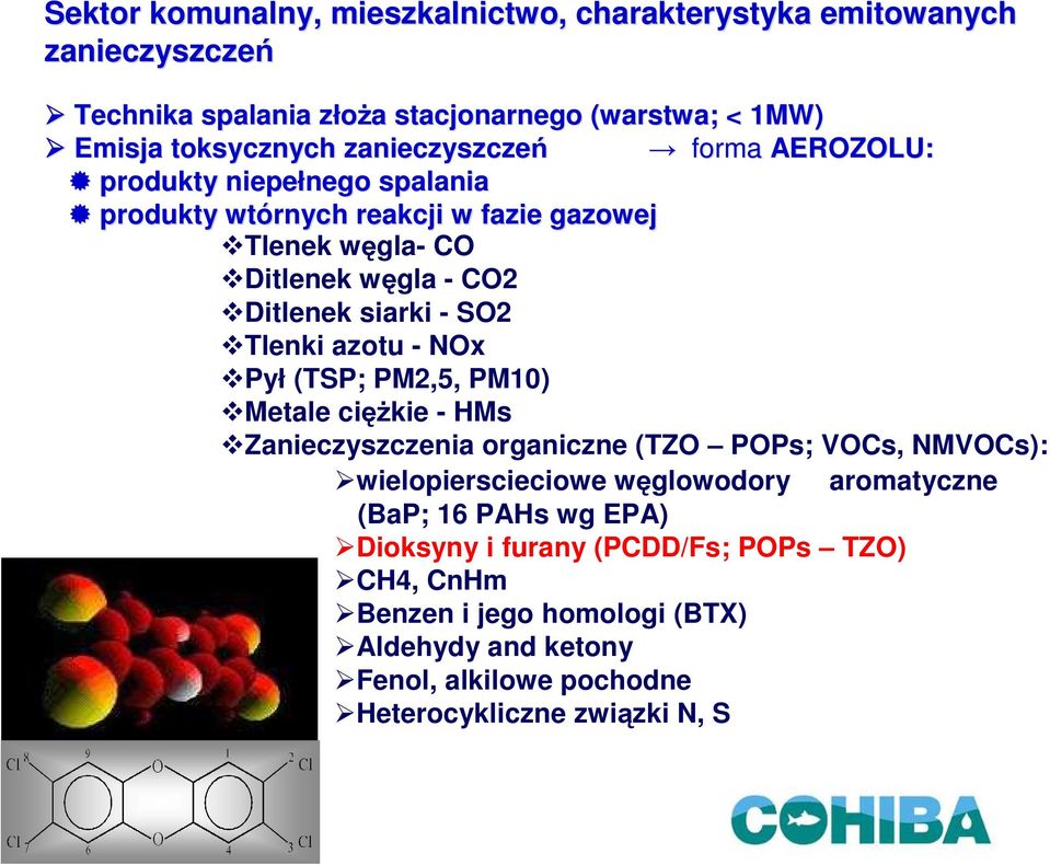 SO2 Tlenki azotu - NOx Pył (TSP; PM2,5, PM10) Metale cięŝkie - HMs Zanieczyszczenia organiczne (TZO POPs; VOCs, NMVOCs): wielopierscieciowe węglowodory aromatyczne