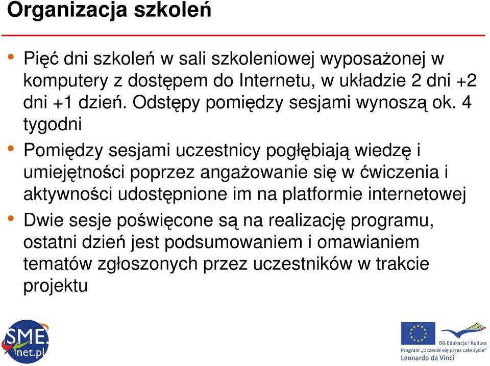 4 tygodni Pomiędzy sesjami uczestnicy pogłębiają wiedzę i umiejętności poprzez angaŝowanie się w ćwiczenia i aktywności