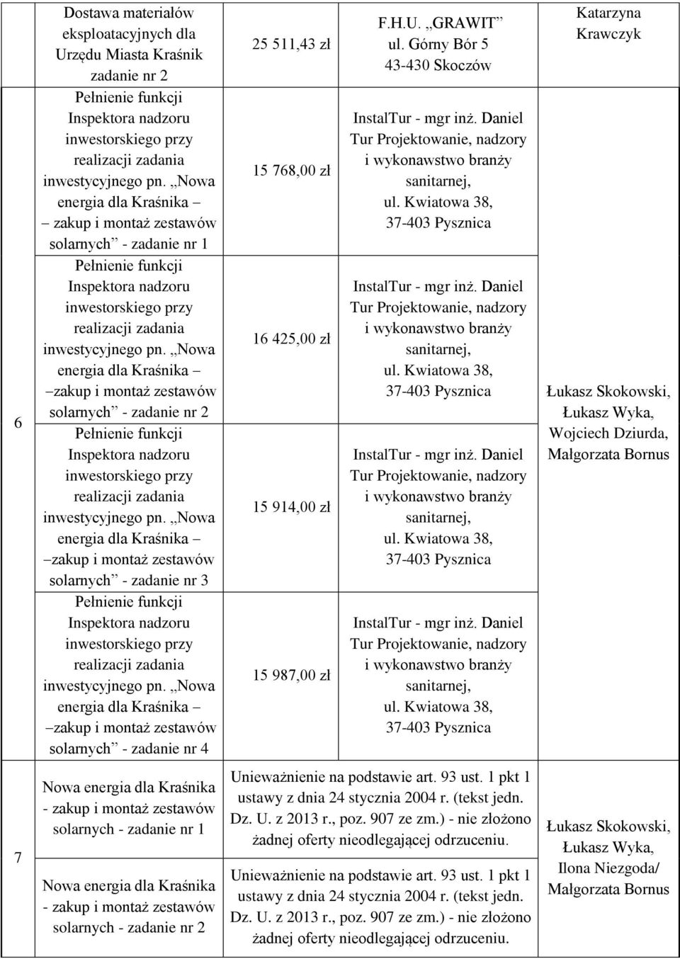 Nowa energia dla Kraśnika zakup i montaż zestawów solarnych - zadanie nr 2 Pełnienie funkcji Inspektora nadzoru inwestorskiego przy realizacji zadania inwestycyjnego pn.