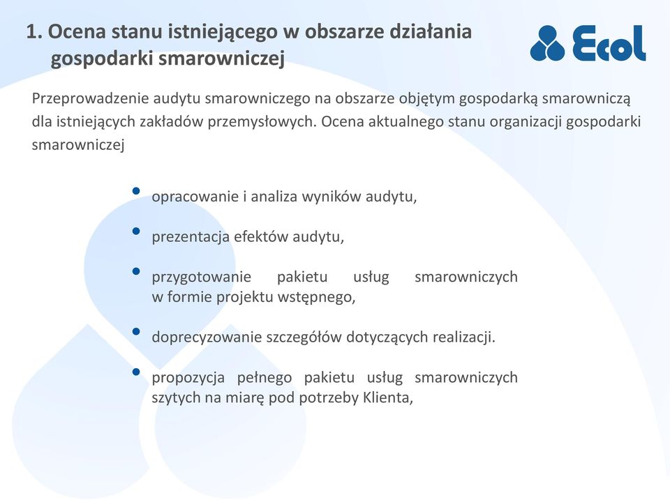 Ocena aktualnego stanu organizacji gospodarki smarowniczej opracowanie i analiza wyników audytu, prezentacja efektów audytu,