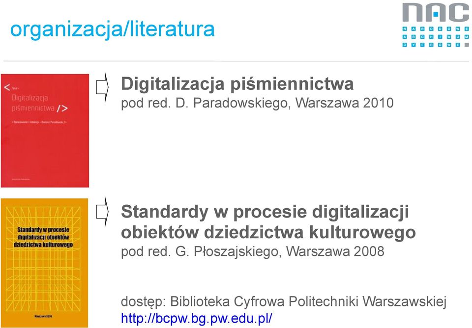 Paradowskiego, Warszawa 2010 Standardy w procesie digitalizacji