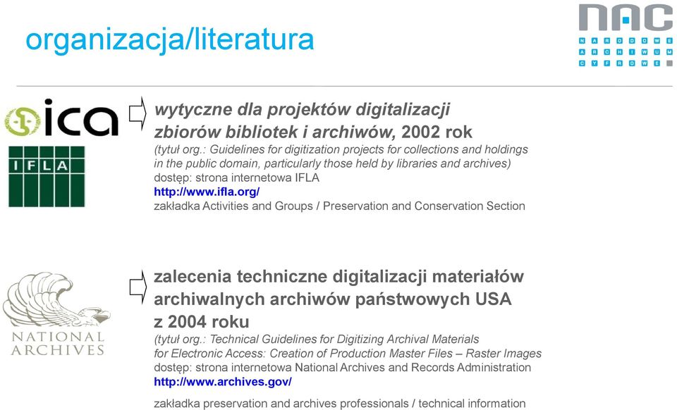 org/ zakładka Activities and Groups / Preservation and Conservation Section zalecenia techniczne digitalizacji materiałów archiwalnych archiwów państwowych USA z 2004 roku (tytuł org.