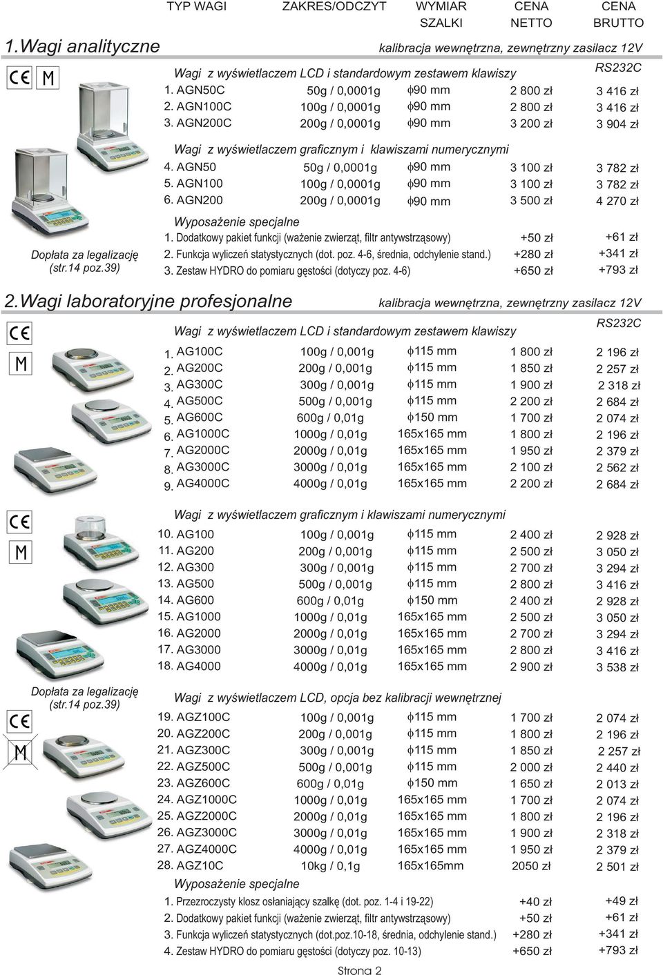 39) Wagi z wyœwietlaczem graficznym i klawiszami numerycznymi AGN50 AGN100 AGN200 50g / 0,0001g 100g / 0,0001g 200g / 0,0001g 90 mm 90 mm 90 mm 3 100 z³ 3 100 z³ 3 500 z³ Wyposa enie specjalne