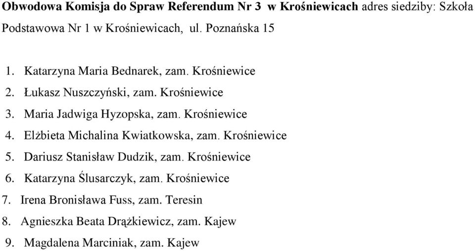 Krośniewice 4. Elżbieta Michalina Kwiatkowska, zam. Krośniewice 5. Dariusz Stanisław Dudzik, zam. Krośniewice 6.