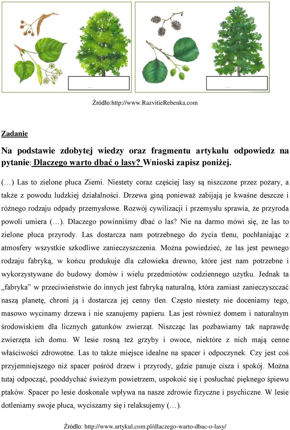 Drzewa giną ponieważ zabijają je kwaśne deszcze i różnego rodzaju odpady przemysłowe. Rozwój cywilizacji i przemysłu sprawia, że przyroda powoli umiera ( ). Dlaczego powinniśmy dbać o las?