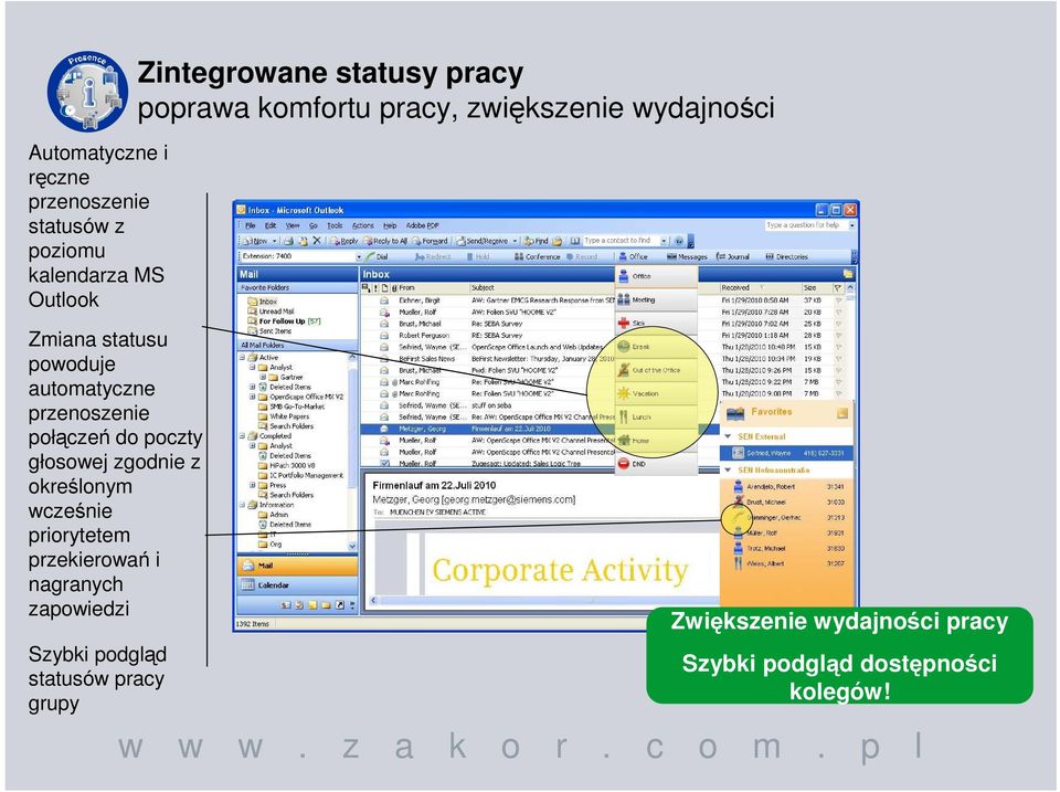 przekierowań i nagranych zapowiedzi Szybki podgląd statusów pracy grupy Zintegrowane statusy pracy