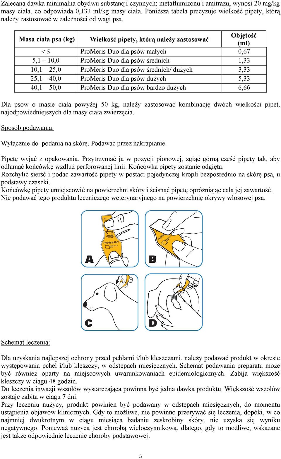 Masa ciała psa (kg) Wielkość pipety, którą należy zastosować Objętość (ml) 5 ProMeris Duo dla psów małych 0,67 5,1 10,0 ProMeris Duo dla psów średnich 1,33 10,1 25,0 ProMeris Duo dla psów średnich/