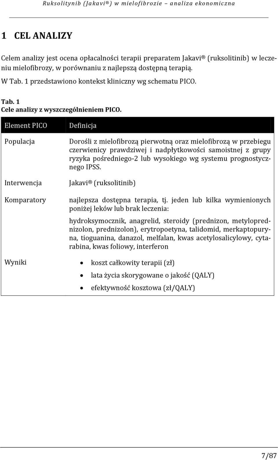 Element PICO Populacja Interwencja Komparatory Definicja Dorośli z mielofibrozą pierwotną oraz mielofibrozą w przebiegu czerwienicy prawdziwej i nadpłytkowości samoistnej z grupy ryzyka pośredniego-2