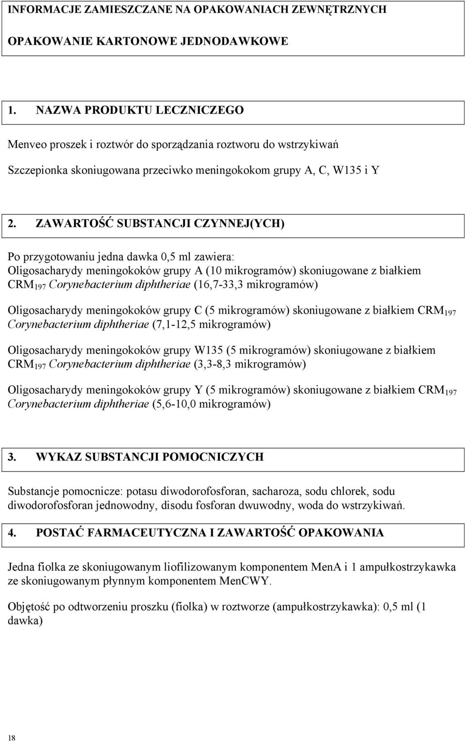 ZAWARTOŚĆ SUBSTANCJI CZYNNEJ(YCH) Po przygotowaniu jedna dawka 0,5 ml zawiera: Oligosacharydy meningokoków grupy A (10 mikrogramów) skoniugowane z białkiem CRM 197 Corynebacterium diphtheriae