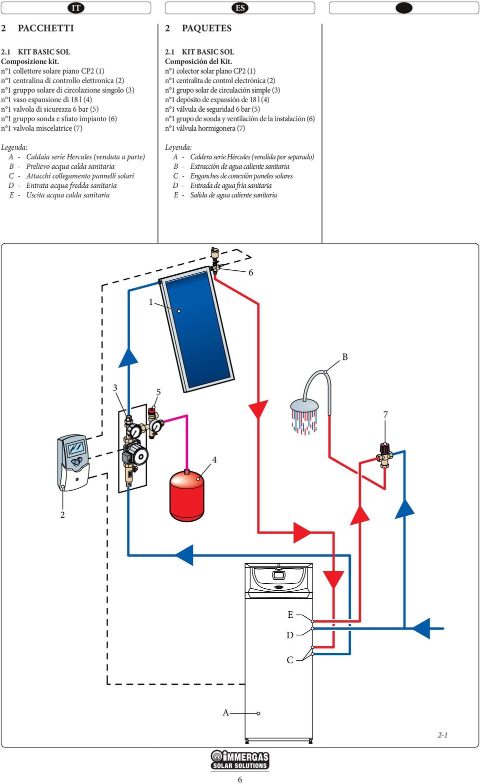 impianto () n valvola miscelatrice () - Caldaia serie Hercules (venduta a parte) B - Prelievo acqua calda sanitaria C - ttacchi collegamento pannelli solari D - Entrata acqua fredda sanitaria E -