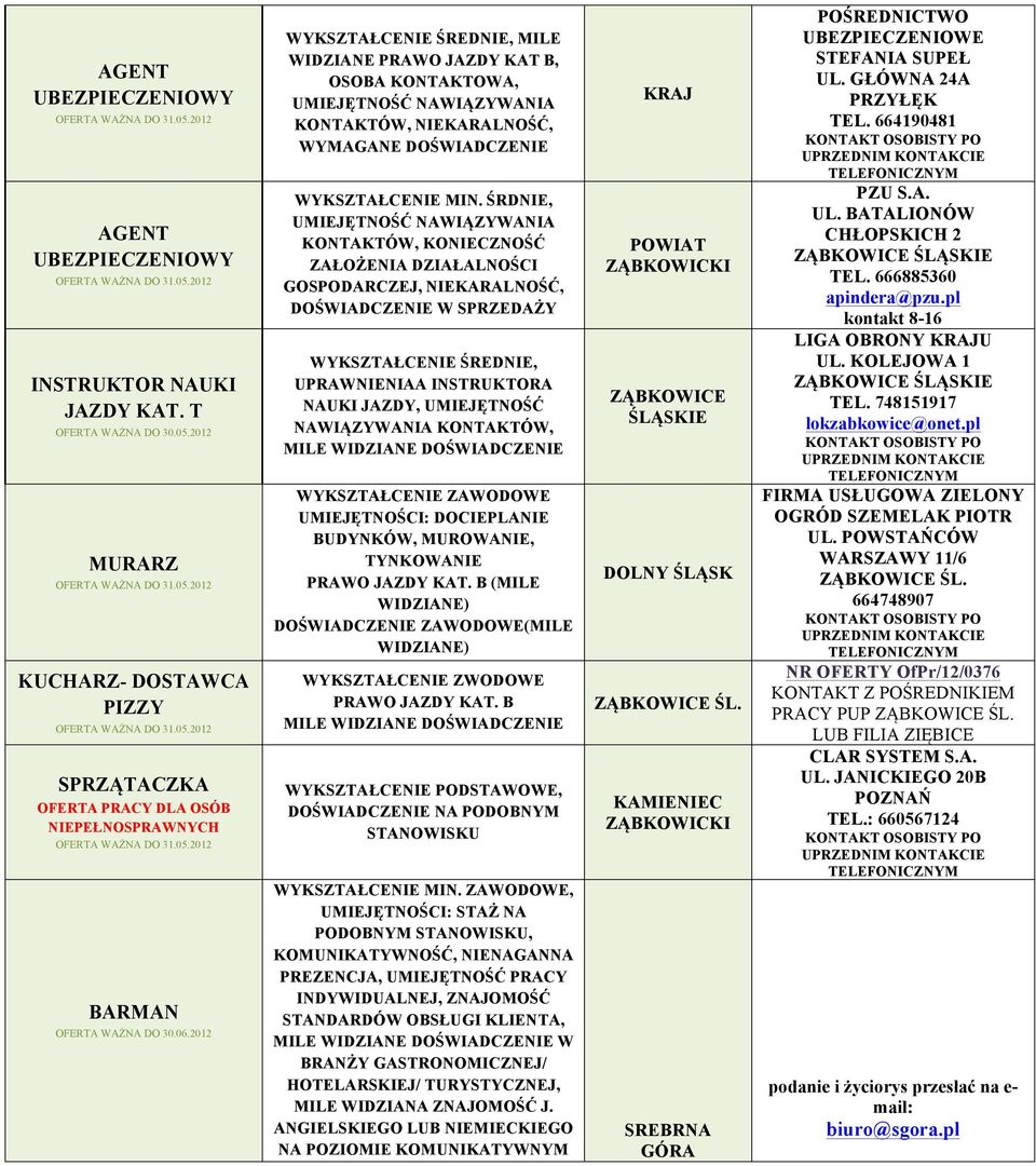 KONTAKTÓW, NIEKARALNOŚĆ, WYMAGANE DOŚWIADCZENIE WYKSZTAŁCENIE MIN.