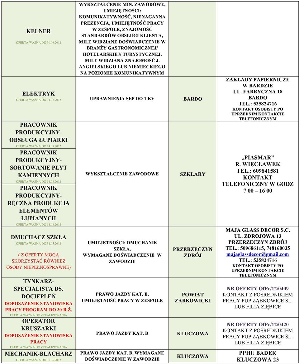 TURYSTYCZNEJ, MILE WIDZIANA ZNAJOMOŚĆ J. ANGIELSKIEGO LUB NIEMIECKIEGO NA POZIOMIE KOMUNIKATYWNYM ELEKTRYK UPRAWNIENIA SEP DO 1 KV BARDO PRACOWNIK PRODUKCYJNY- OBSŁUGA ŁUPIARKI OFERTA WAŻNA DO 14.08.