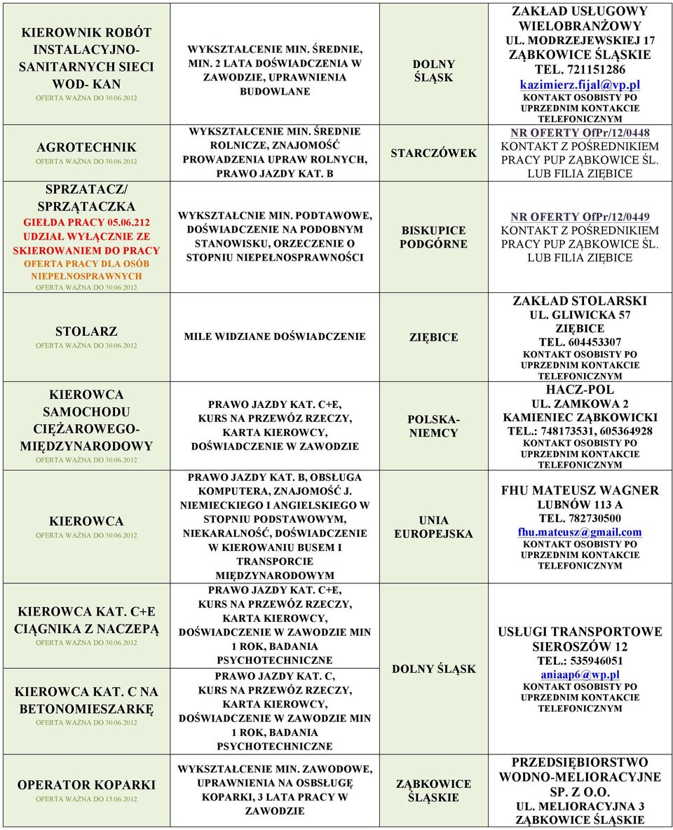 C NA BETONOMIESZARKĘ OPERATOR KOPARKI OFERTA WAŻNA DO 15.06.2012 WYKSZTAŁCENIE MIN. ŚREDNIE, MIN. 2 LATA DOŚWIADCZENIA W ZAWODZIE, UPRAWNIENIA BUDOWLANE WYKSZTAŁCENIE MIN.