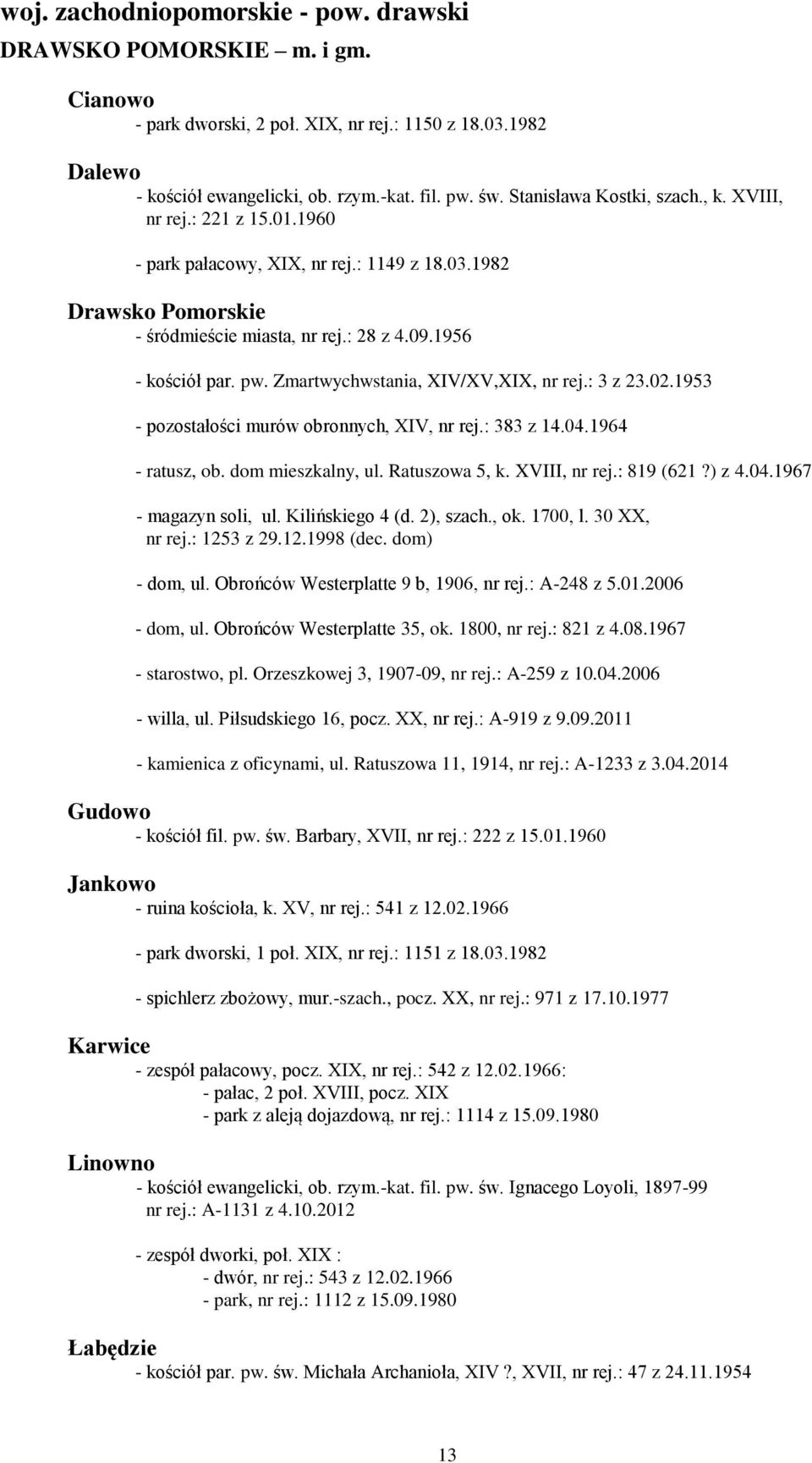 Zmartwychwstania, XIV/XV,XIX, nr rej.: 3 z 23.02.1953 - pozostałości murów obronnych, XIV, nr rej.: 383 z 14.04.1964 - ratusz, ob. dom mieszkalny, ul. Ratuszowa 5, k. XVIII, nr rej.: 819 (621?) z 4.