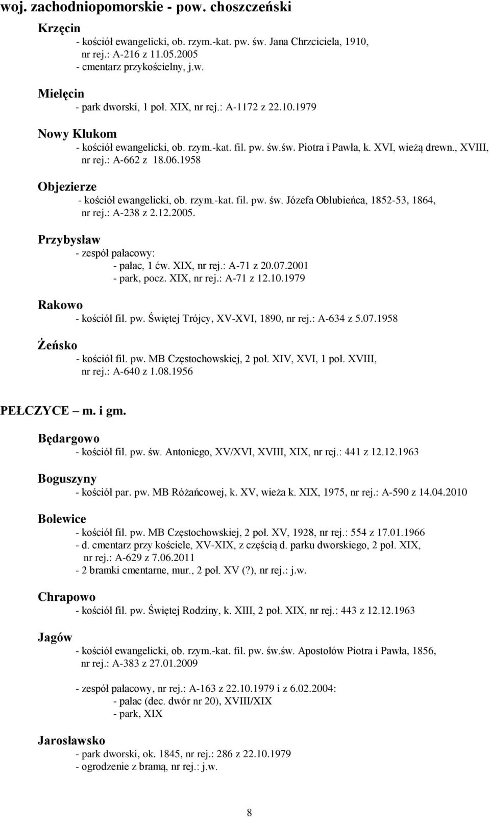 1958 Objezierze - kościół ewangelicki, ob. rzym.-kat. fil. pw. św. Józefa Oblubieńca, 1852-53, 1864, nr rej.: A-238 z 2.12.2005. Przybysław - zespół pałacowy: - pałac, 1 ćw. XIX, nr rej.: A-71 z 20.
