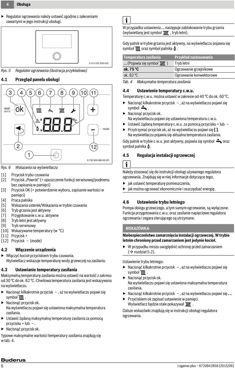 1 Przegląd panelu obsługi 0 010 002 699-002 Gdy palnik w trybie grzania jest aktywny, na wyświetlaczu pojawia się symbol oraz symbol palnika. Temperatura zasilania Przykład zastosowania.