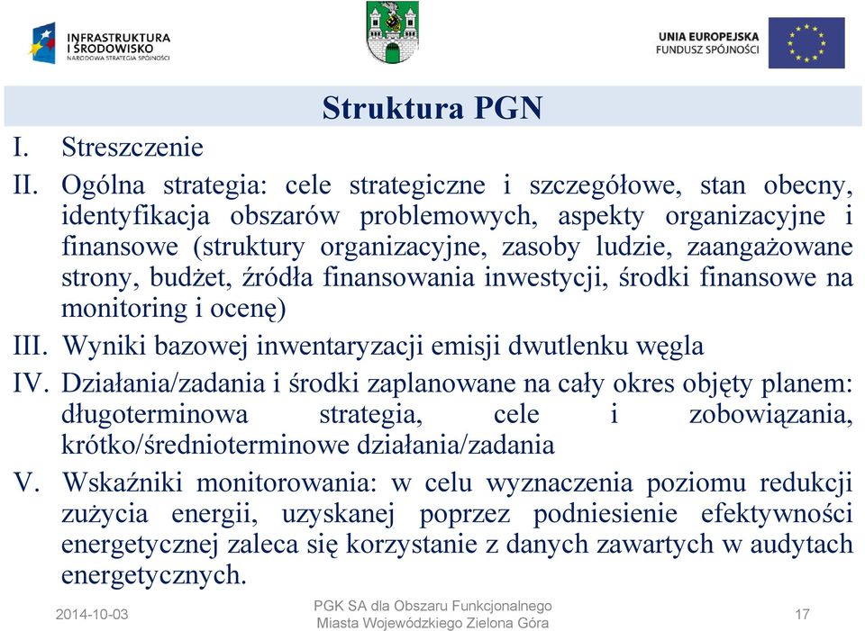 ludzie, zaangażowane strony, budżet, źródła finansowania inwestycji, środki finansowe na monitoring i ocenę) III. Wyniki bazowej inwentaryzacji emisji dwutlenku węgla IV.