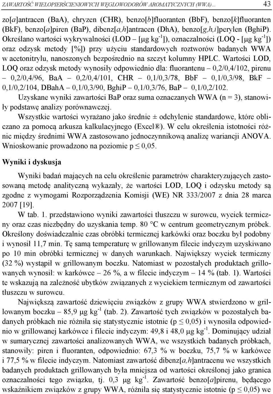 Określano wartości wykrywalności (LOD [µg kg -1 ]), oznaczalności (LOQ - [µg kg -1 ]) oraz odzysk metody [%]) przy użyciu standardowych roztworów badanych WWA w acetonitrylu, nanoszonych bezpośrednio