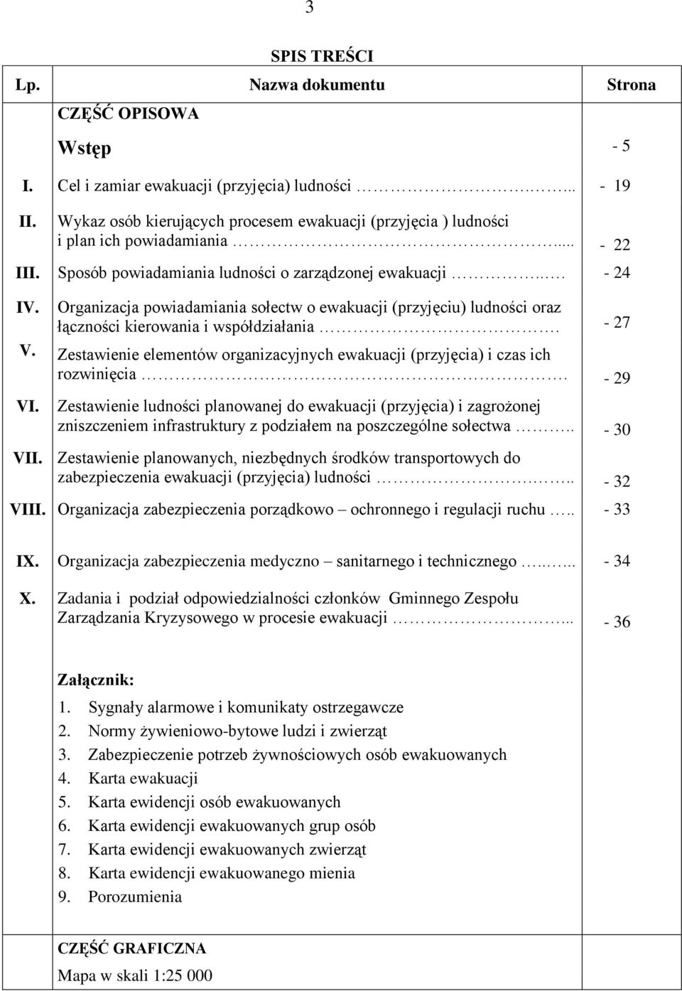 Organizacja powiadamiania sołectw o ewakuacji (przyjęciu) ludności oraz łączności kierowania i współdziałania. 27 V. Zestawienie elementów organizacyjnych ewakuacji (przyjęcia) i czas ich rozwinięcia.