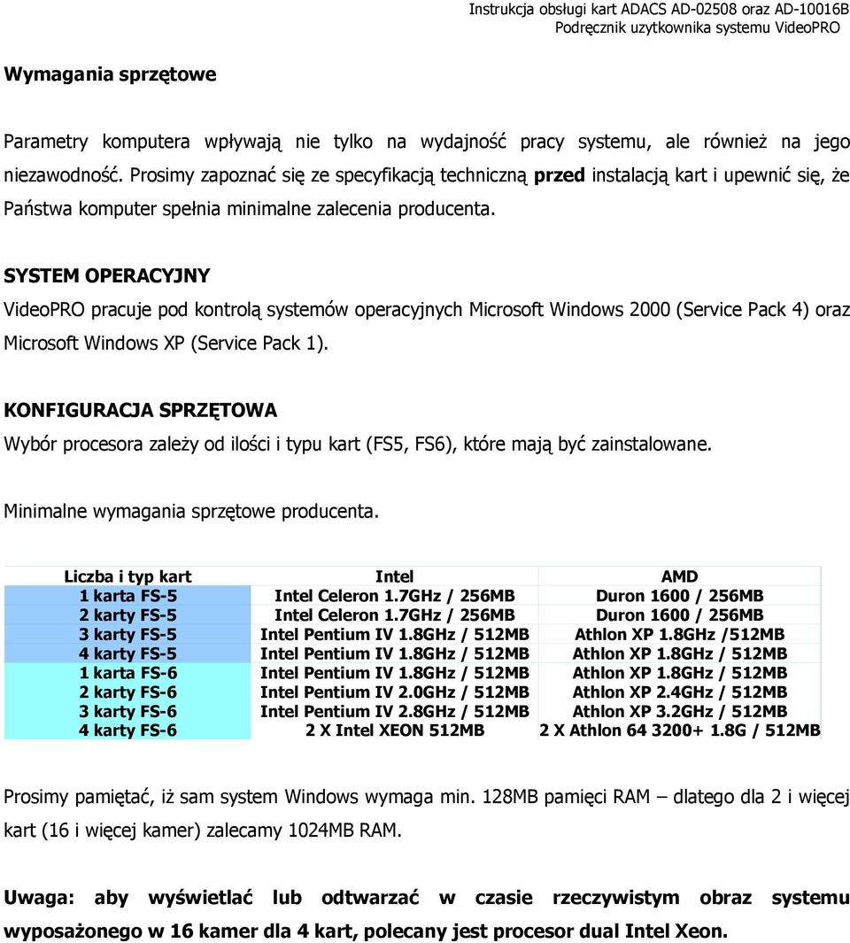 SYSTEM OPERACYJNY VideoPRO pracuje pod kontrolą systemów operacyjnych Microsoft Windows 2000 (Service Pack 4) oraz Microsoft Windows XP (Service Pack 1).