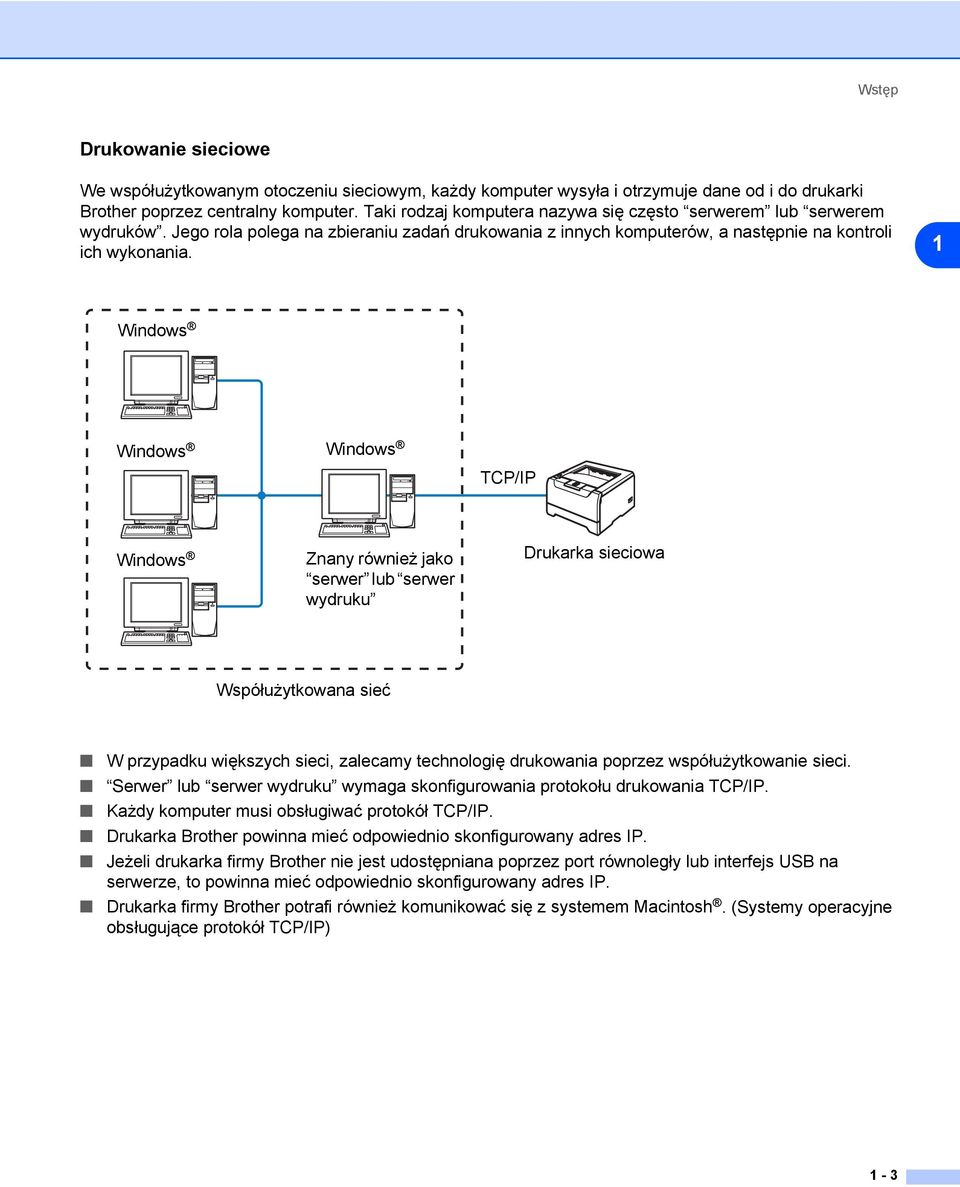 1 Windows Windows Windows TCP/IP Windows Znany również jako serwer lub serwer wydruku Drukarka sieciowa Współużytkowana sieć W przypadku większych sieci, zalecamy technologię drukowania poprzez