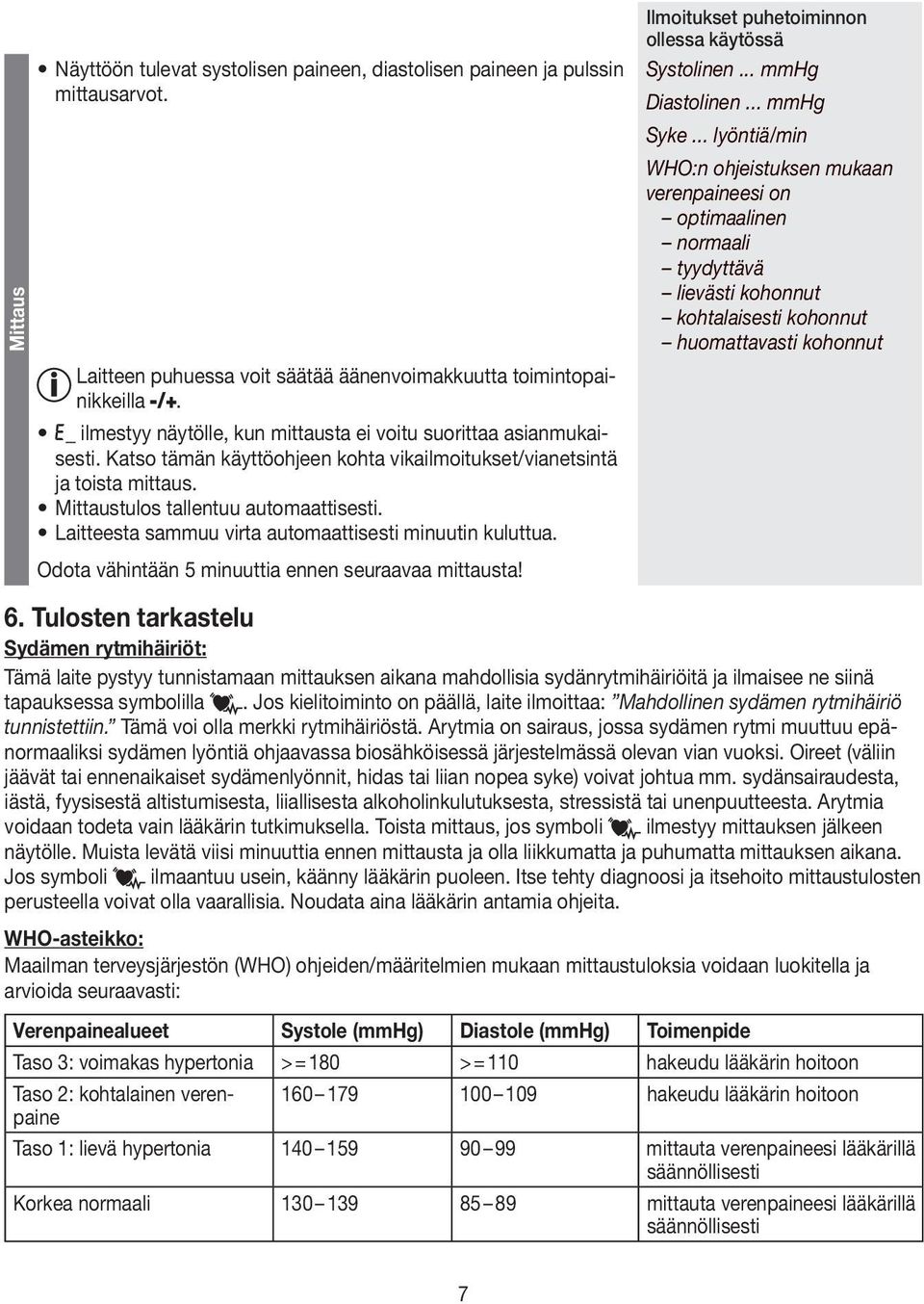 Laitteesta sammuu virta automaattisesti minuutin kuluttua. Odota vähintään 5 minuuttia ennen seuraavaa mittausta! Ilmoitukset puhetoiminnon ollessa käytössä Systolinen... mmhg Diastolinen... mmhg Syke.