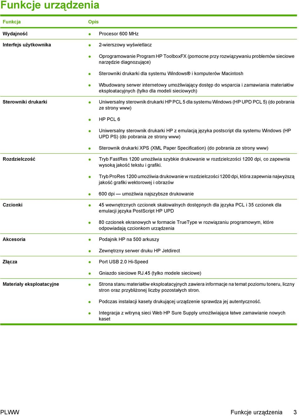 sieciowych) Sterowniki drukarki Uniwersalny sterownik drukarki HP PCL 5 dla systemu Windows (HP UPD PCL 5) (do pobrania ze strony www) HP PCL 6 Uniwersalny sterownik drukarki HP z emulacją języka