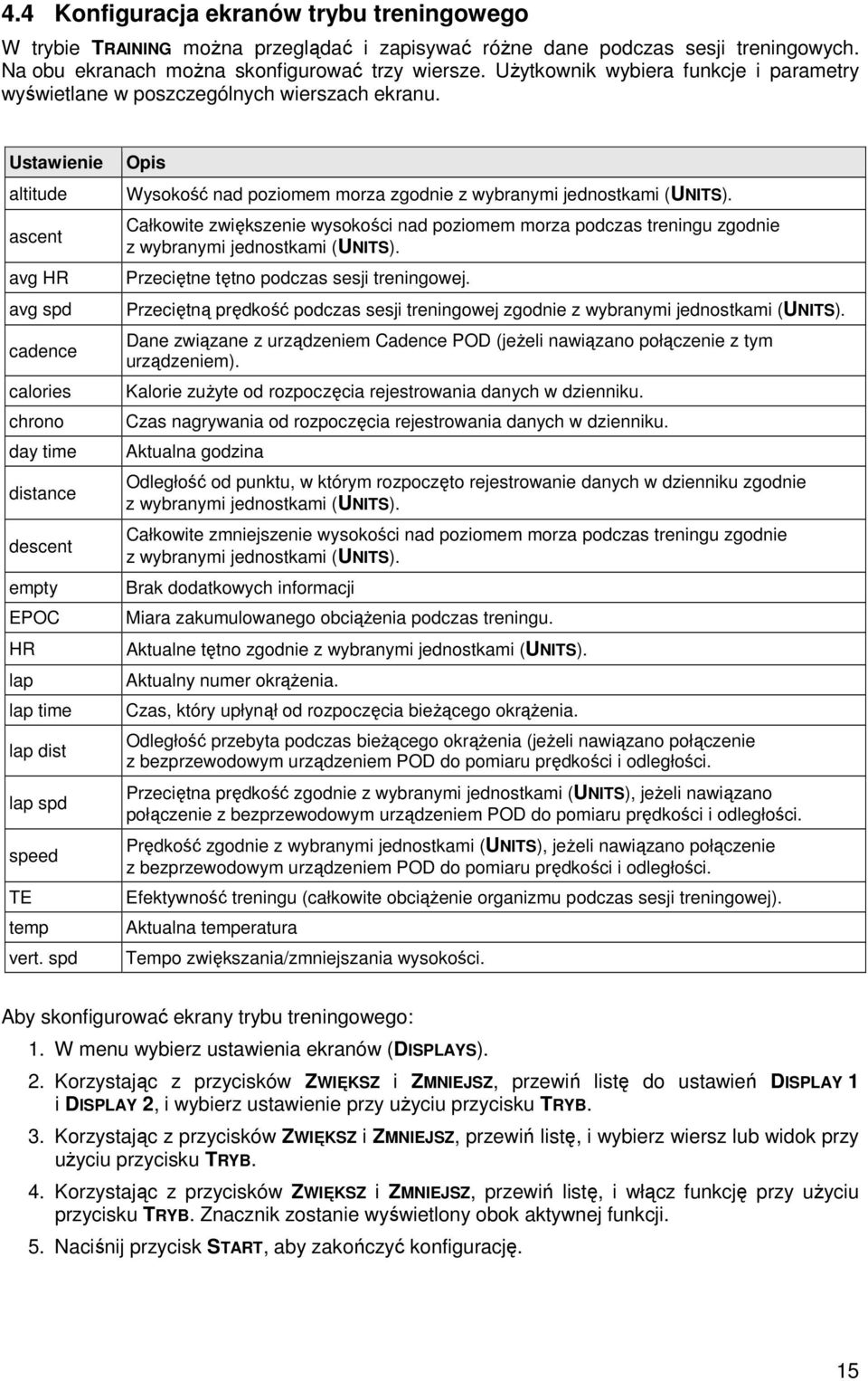 Ustawienie altitude ascent avg HR avg spd cadence calories chrono day time distance descent empty EPOC HR lap lap time lap dist lap spd speed TE temp vert.