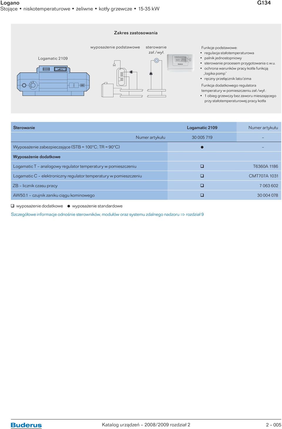 /wył.: 1 obieg grzewczy bez zaworu mieszającego przy stałotemperaturowej pracy kotła Sterowanie Logamatic 2109 Numer artykułu Numer artykułu 30 005 719 Wyposażenie zabezpieczające (STB = 100 C; TR =