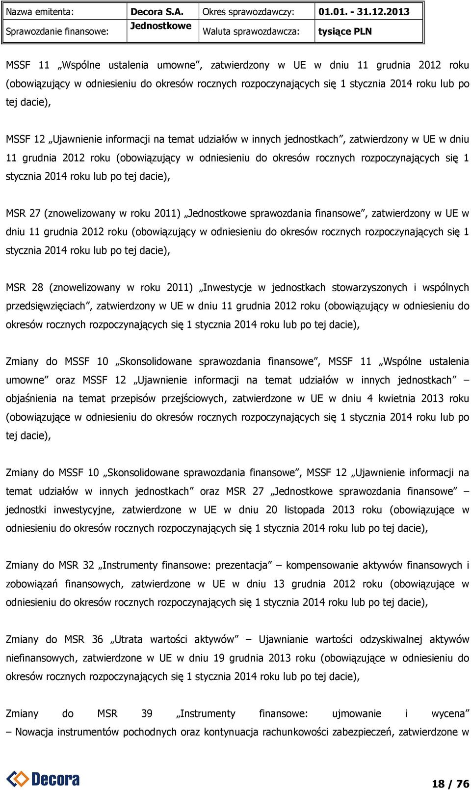 odniesieniu do okresów rocznych rozpoczynających się 1 stycznia 2014 roku lub po tej dacie), MSR 27 (znowelizowany w roku 2011) Jednostkowe sprawozdania finansowe, zatwierdzony w UE w dniu 11 grudnia