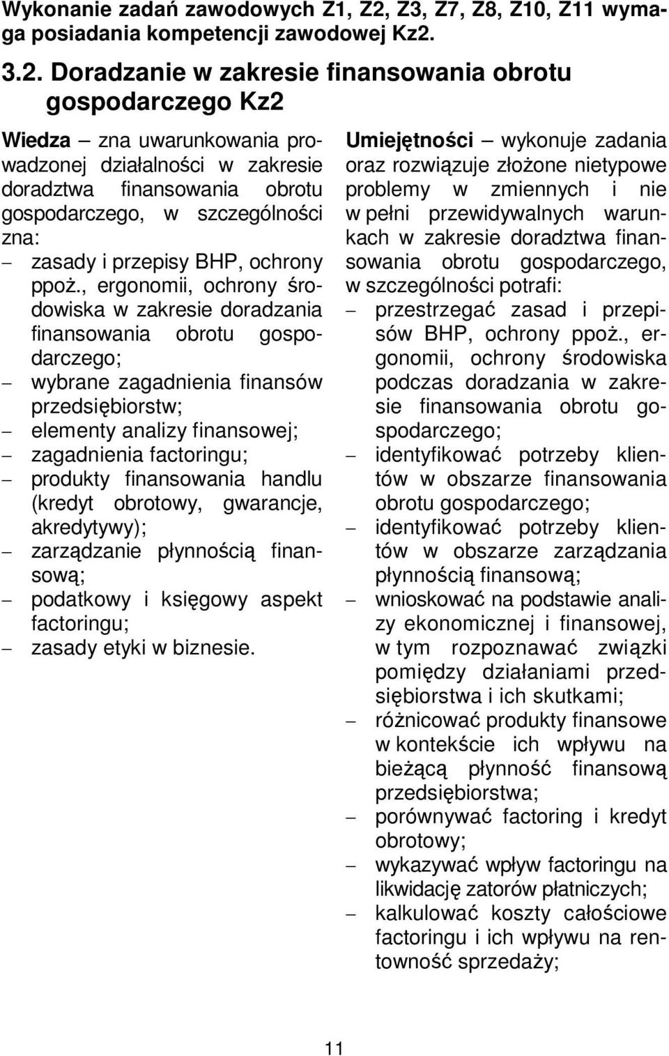 3.2. Doradzanie w zakresie finansowania obrotu gospodarczego Kz2 Wiedza zna uwarunkowania prowadzonej działalności w zakresie doradztwa finansowania obrotu gospodarczego, w szczególności zna: zasady