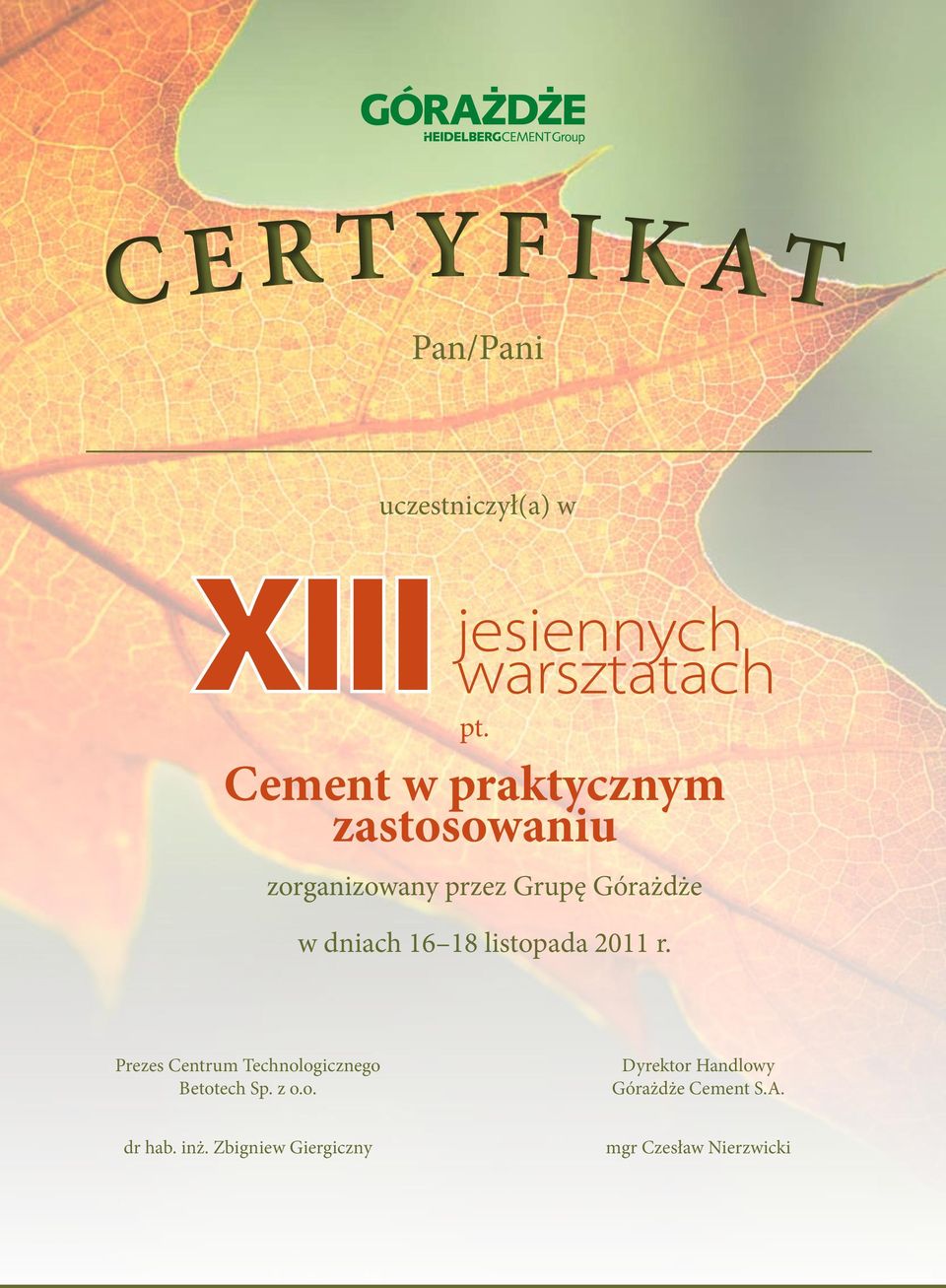 listopada 2011 r. Prezes Centrum Technologicznego Betotech Sp. z o.o. Dyrektor Handlowy Górażdże Cement S.