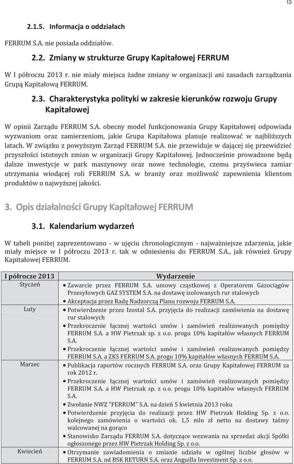 obecny model funkcjonowania Grupy Kapitałowej odpowiada wyzwaniom oraz zamierzeniom, jakie Grupa Kapitałowa planuje realizować w najbliższych latach. W związku z powyższym Zarząd FERRUM S.A.