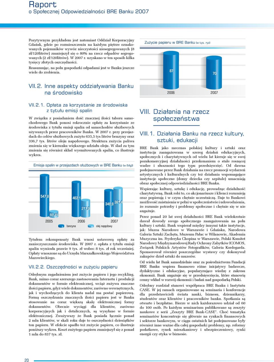 Reasumując, na polu gospodarki odpadami jest w Banku jeszcze wiele do zrobienia. Zużycie papieru w BRE Banku (w tys. ryz) 87 70 VII.2. Inne aspekty oddziaływania Banku na środowisko 2006 2007 VII.2.1.