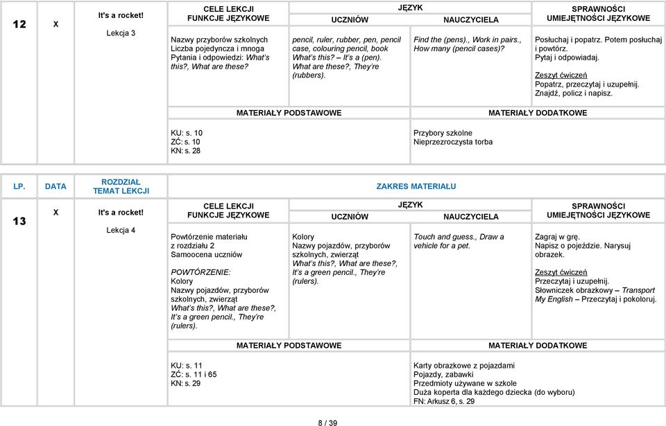 Posłuchaj i popatrz. Potem posłuchaj i powtórz. Pytaj i odpowiadaj. Popatrz, przeczytaj i uzupełnij. Znajdź, policz i napisz. KU: s. 10 ZĆ: s. 10 KN: s.