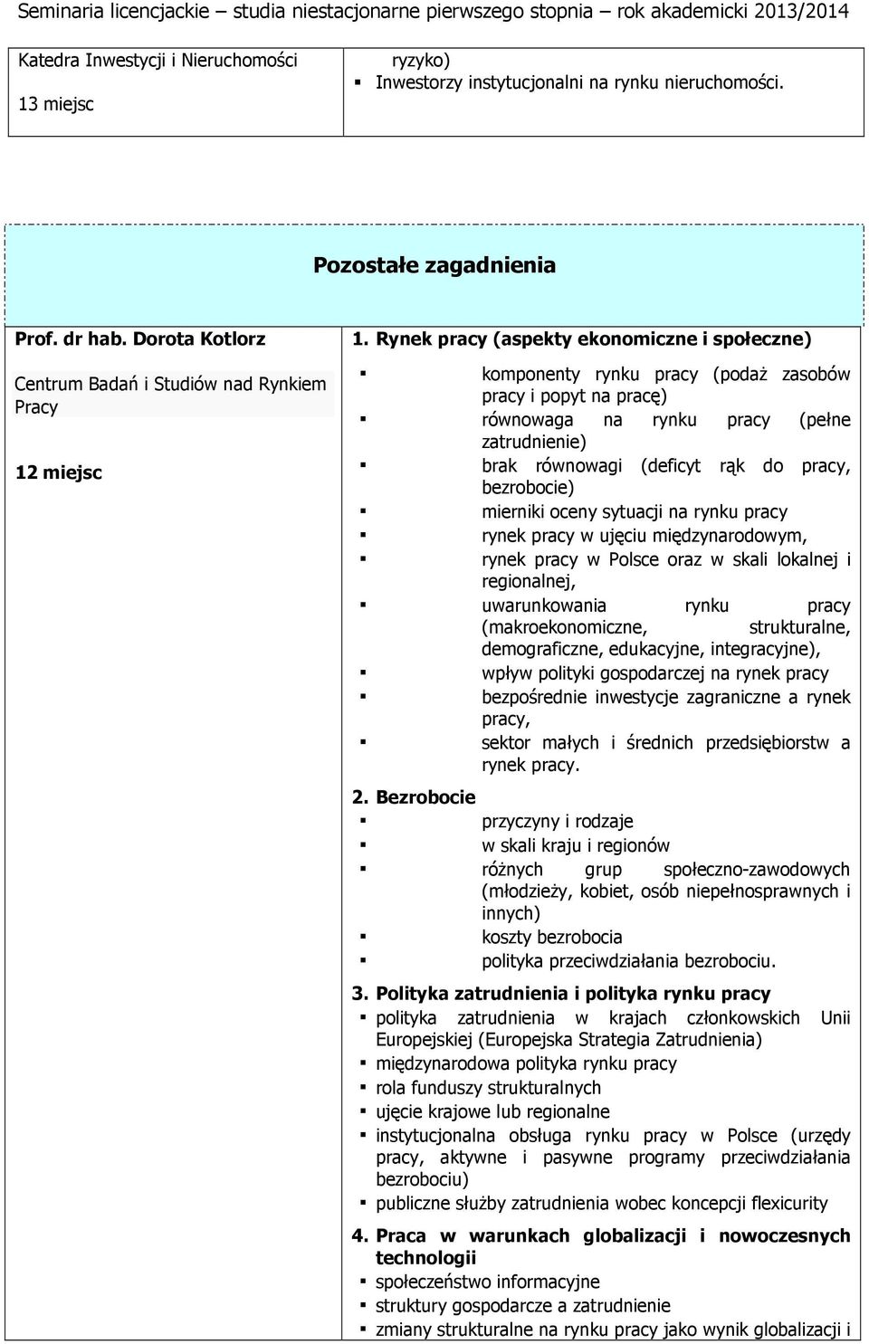 bezrobocie) mierniki oceny sytuacji na rynku pracy rynek pracy w ujęciu międzynarodowym, rynek pracy w Polsce oraz w skali lokalnej i regionalnej, uwarunkowania rynku pracy (makroekonomiczne,