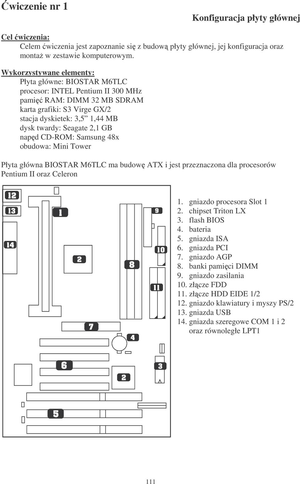 GB napd CD-ROM: Samsung 48x obudowa: Mini Tower Płyta główna BIOSTAR M6TLC ma budow ATX i jest przeznaczona dla procesorów Pentium II oraz Celeron 1. gniazdo procesora Slot 1 2. chipset Triton LX 3.