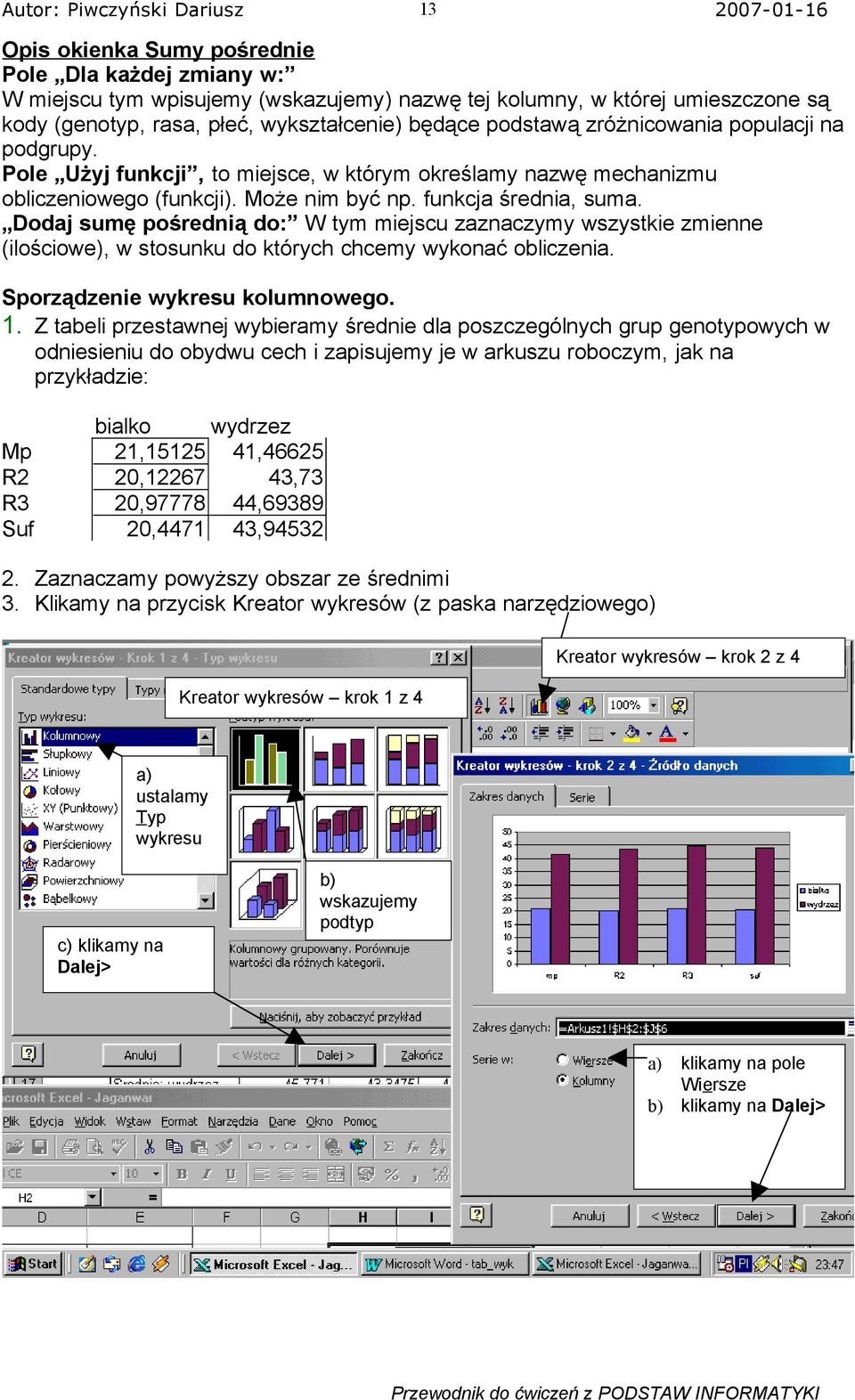 Dodaj sumę pośrednią do: W tym miejscu zaznaczymy wszystkie zmienne (ilościowe), w stosunku do których chcemy wykonać obliczenia. Sporządzenie wykresu kolumnowego. 1.